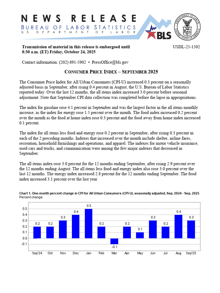 September 2025 Consumer Price Index Report | PDF | Cost Of Living ...