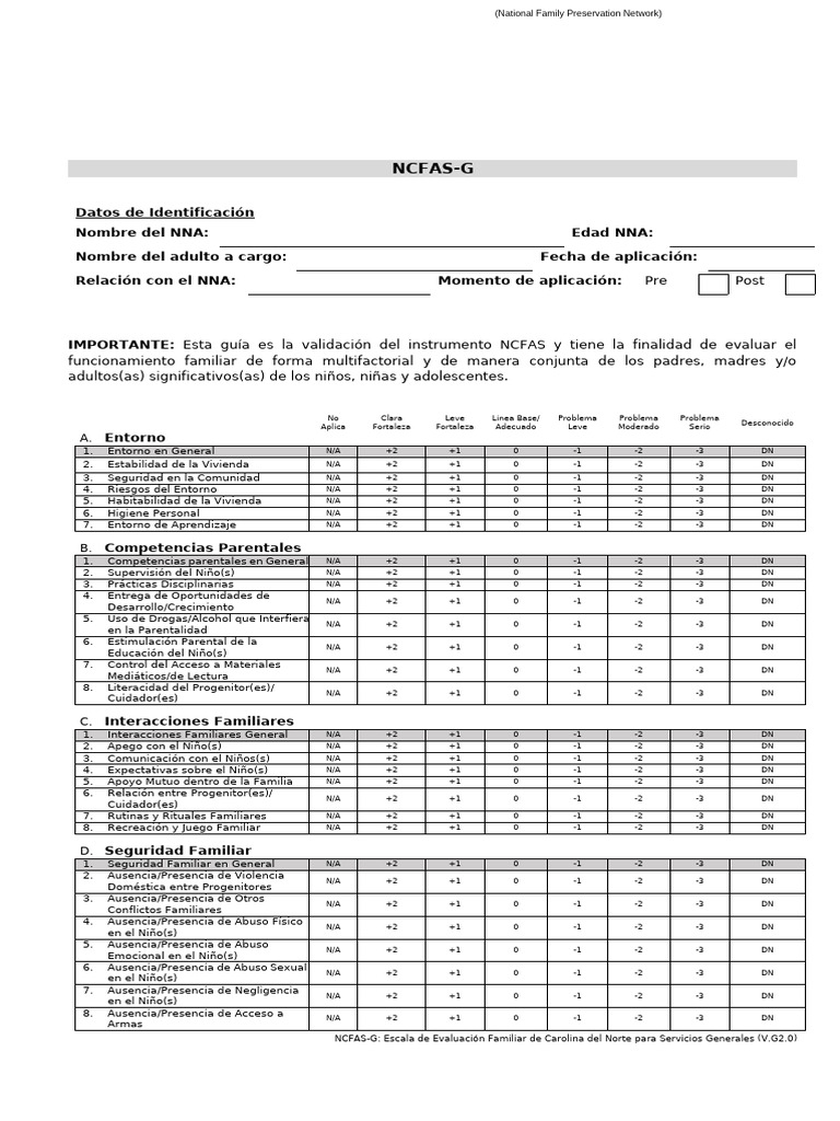 Evaluación NCFAS-G de Funcionamiento Familiar | PDF | Padre | Sicología