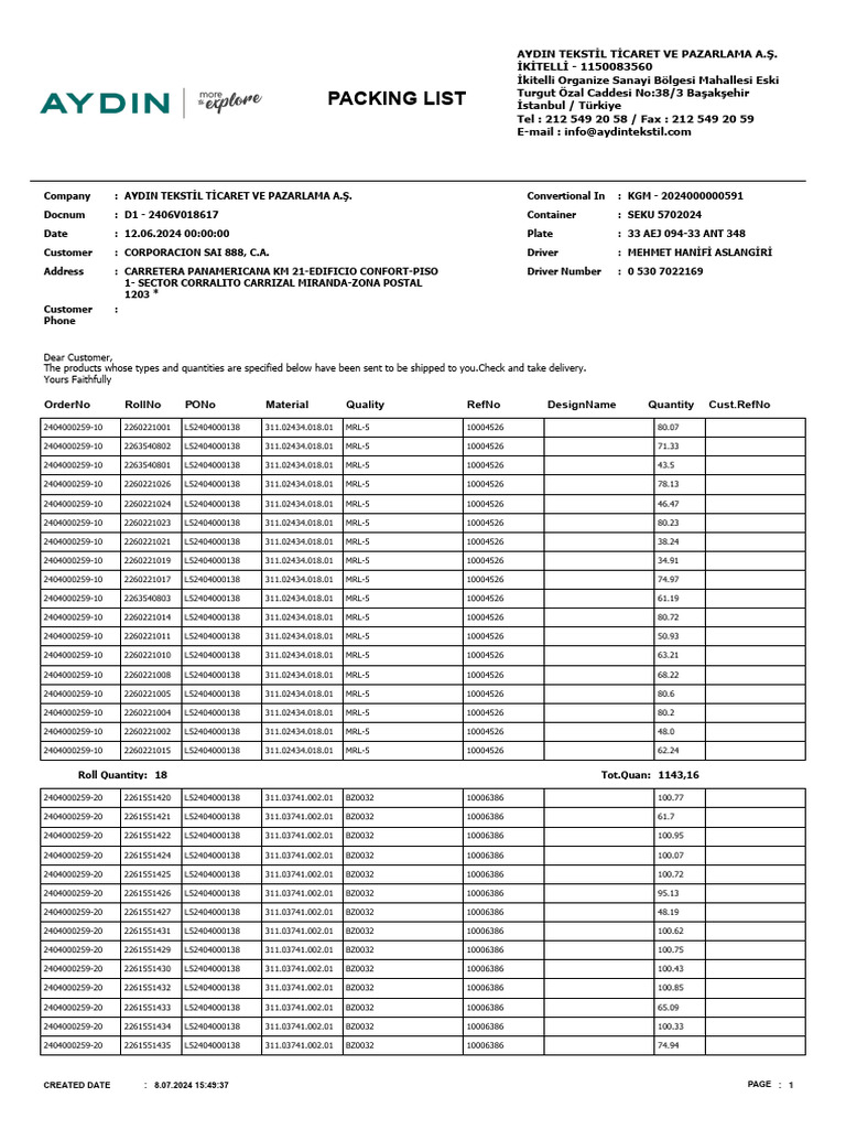 Aydin Textile Shipping Packing List | PDF