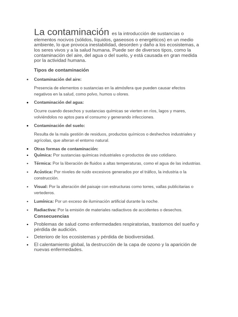 Tipos y Consecuencias de la Contaminación | PDF