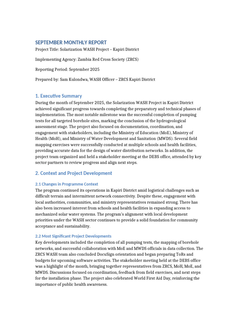 September Monthly Report WASH Project Kapiri | PDF | Wash