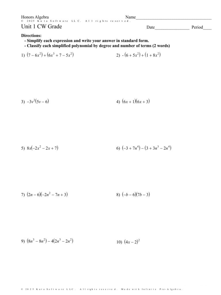 Honors Algebra Polynomial Worksheet | PDF