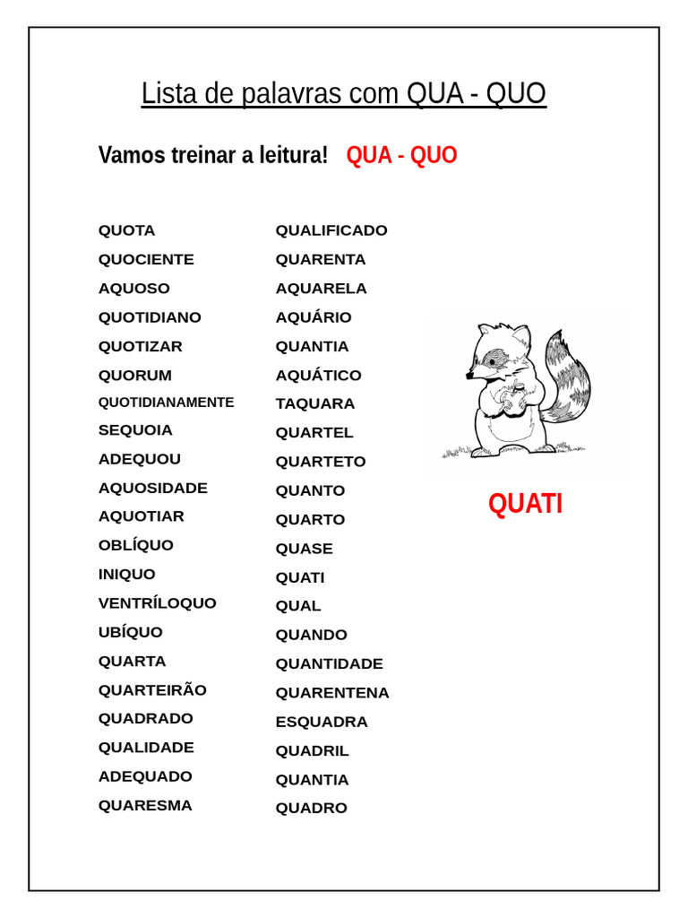 Lista de Palavras com QUA e QUO | PDF