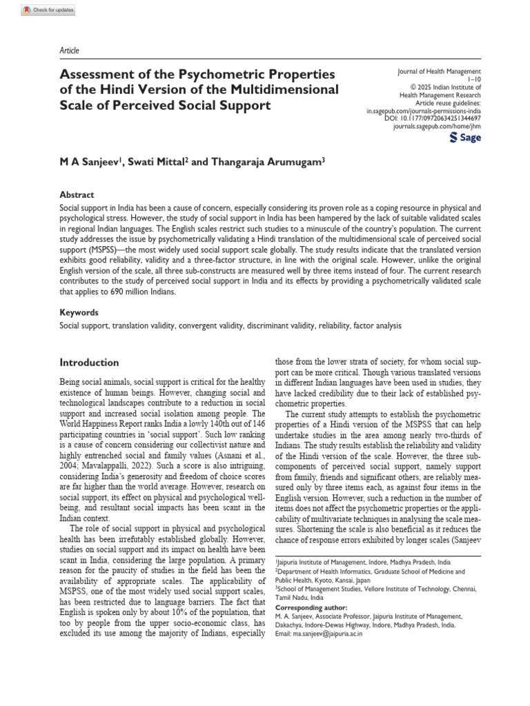 Hindi MSPSS Psychometric Validation Study | PDF | Survey Methodology ...
