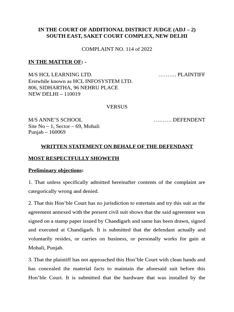 Defendant's Written Statement in HCL Case | PDF | Lawsuit | Complaint