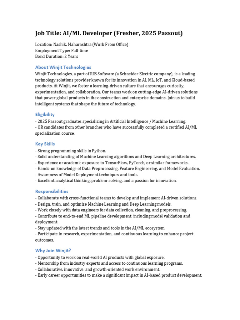 AI ML Developer Fresher Winjit Technologies | PDF