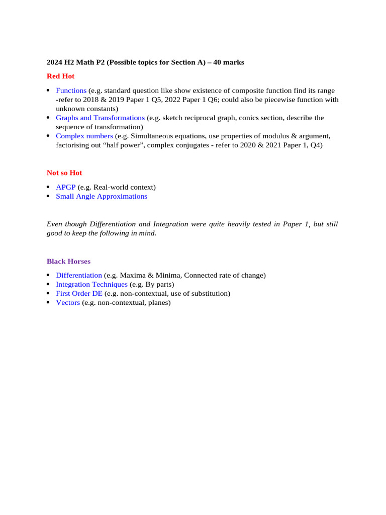 2024 H2 Math P2 Possible Topics - Final | PDF