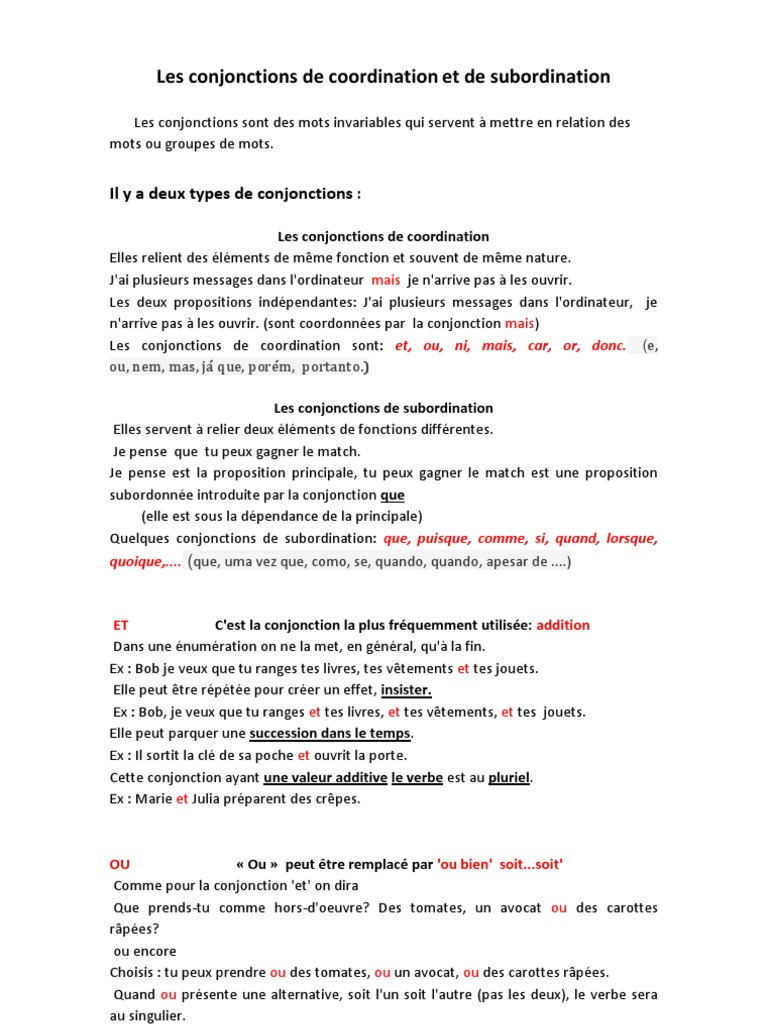 Les Conjonctions De Coordination Exercices Pdf Les Conjonctions de Coordination Et de Subordination | PDF