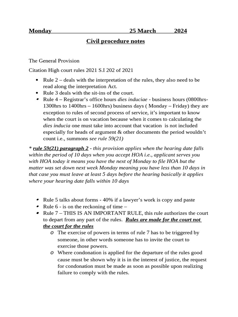 Civil Procedure Notes: High Court Rules | PDF | Injunction | Legal Concepts