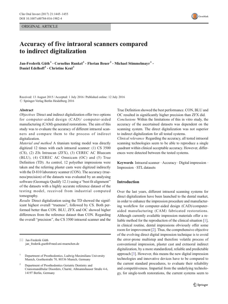 Accuracy of Five Intraoral Scanners Compared To Indirect Digitalization ...