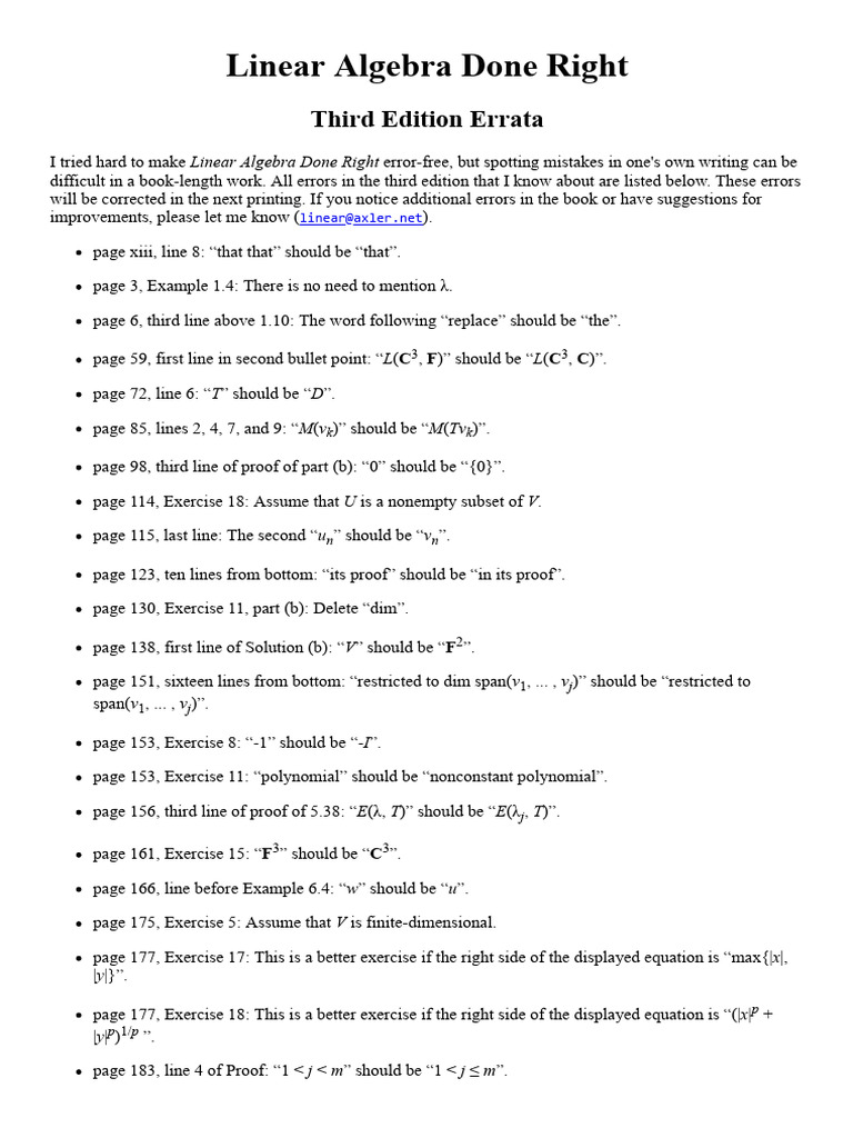 Linear Algebra Done Right Errata | PDF | Algebra | Applied Mathematics