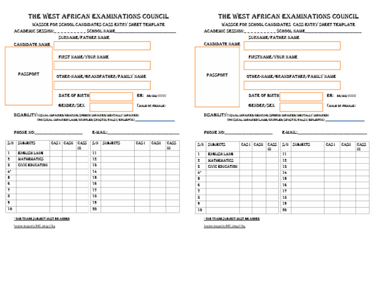 WASSCE CASS Entry Sheet Template | PDF | Disability | Social Policy