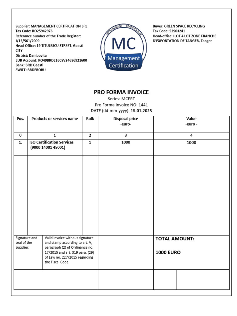 Pro Forma Invoice for ISO Certification | PDF