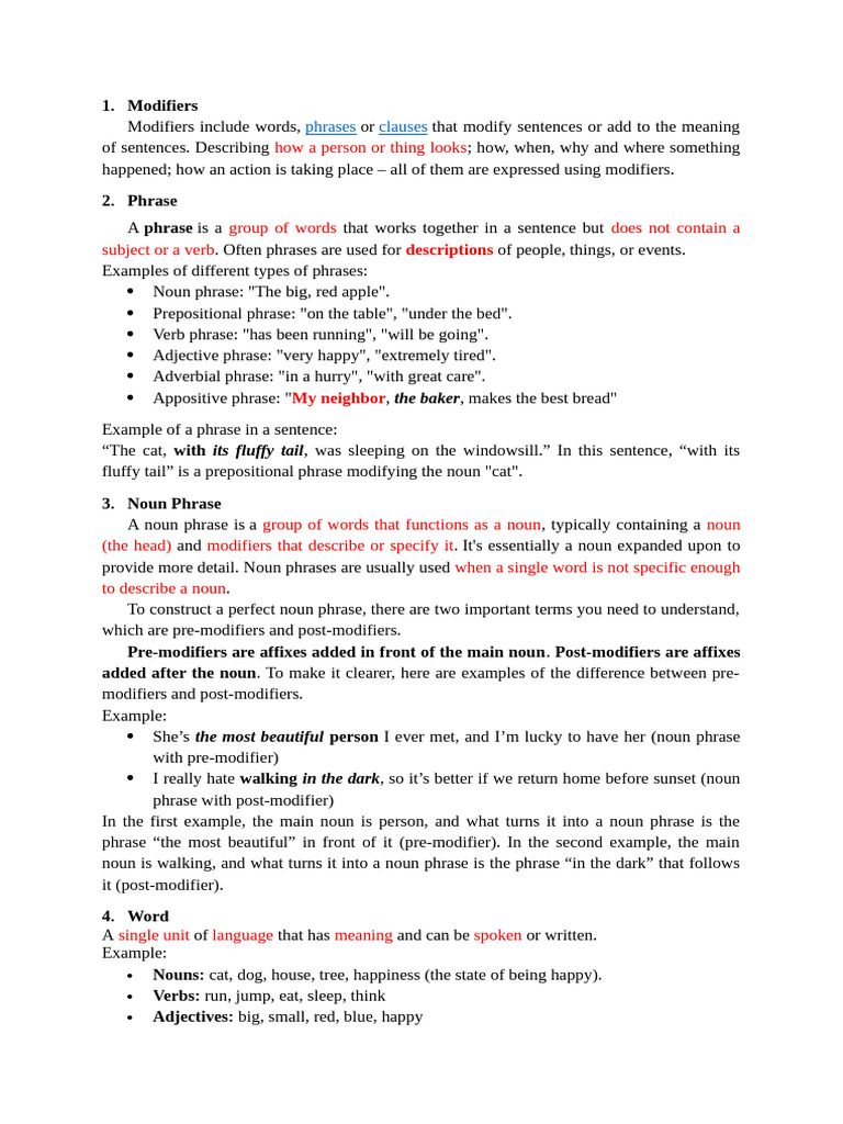 Understanding Modifiers and Phrases | PDF | Phrase | Noun