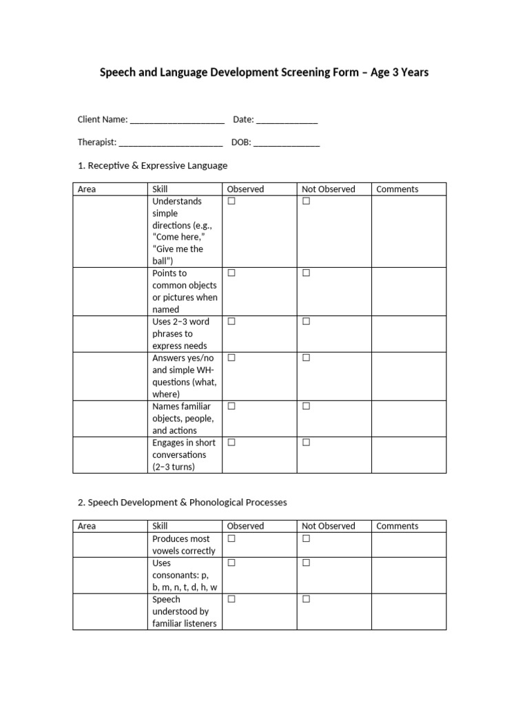 Speech & Language Screening Form: Ages 3-5 | PDF | Speech | Language ...