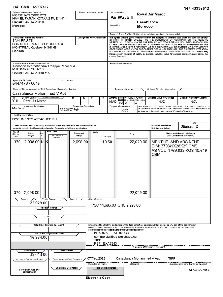 Air Waybill for International Shipment | PDF