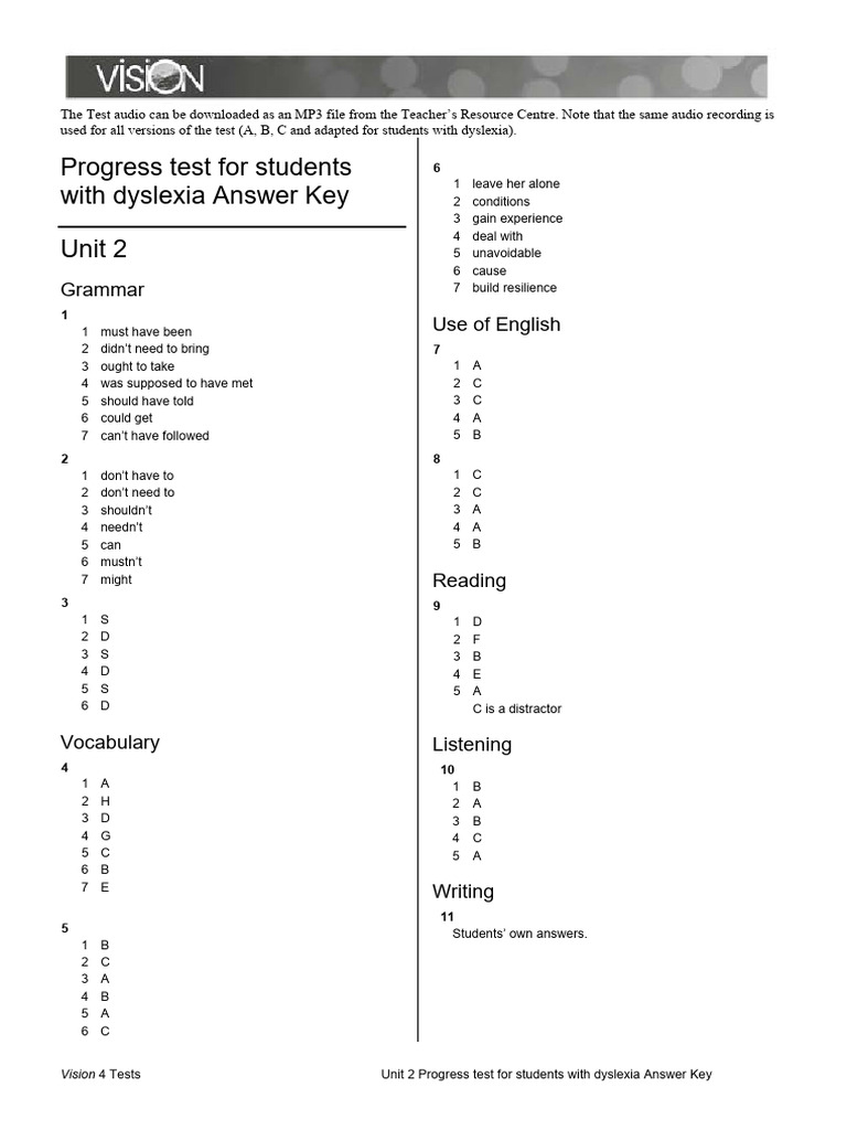 Unit 2 Dyslexia Test Answer Key | PDF