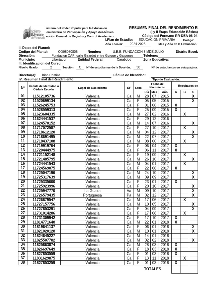 Formato de Rendimiento Estudiantil Primaria Docente Maria Añez | PDF ...