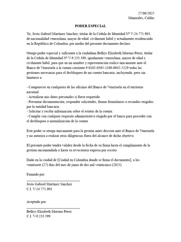 Poder Especial para Desbloqueo Bancario | PDF