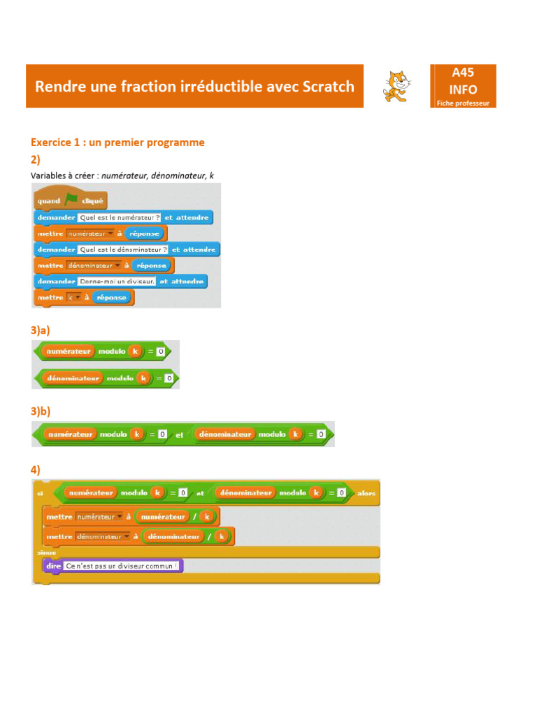 Rendre une fraction irréductible avec Scratch | PDF