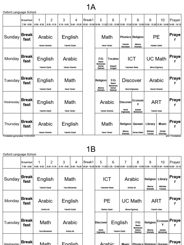 Oxford Language School Timetable 2025 | PDF