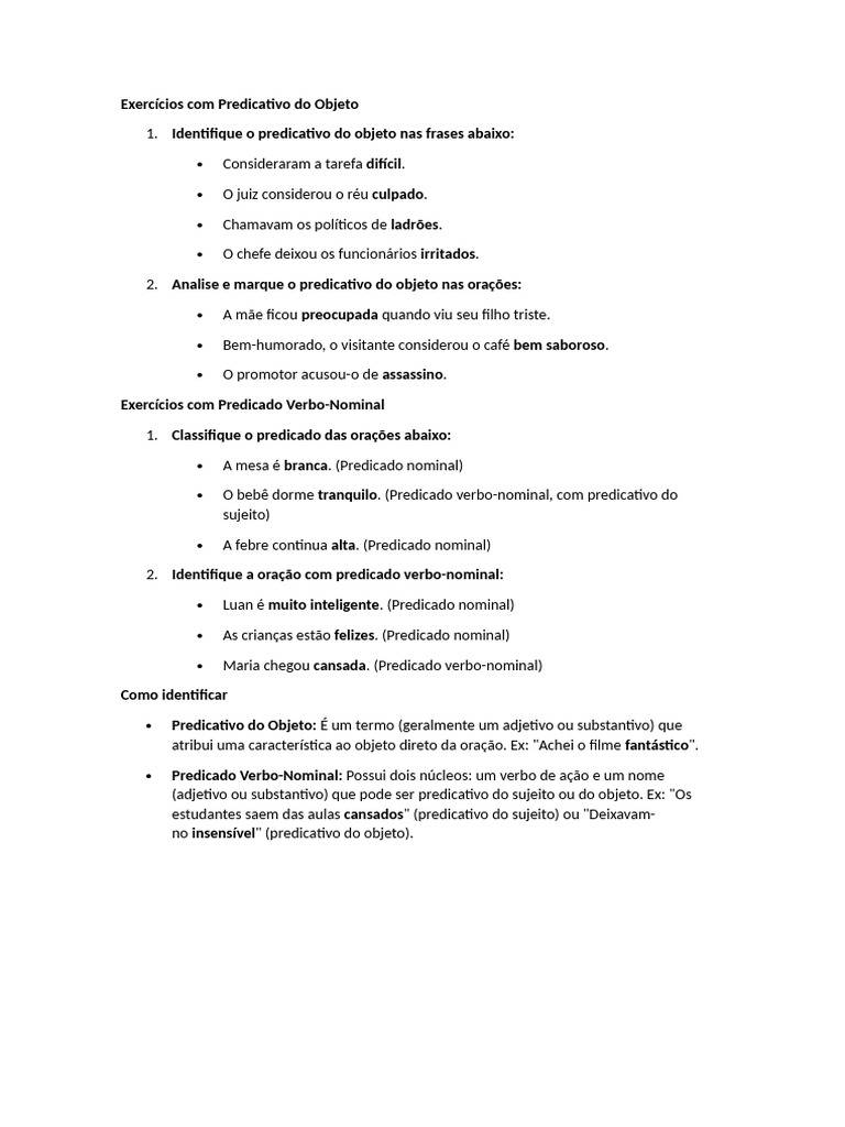 Exercícios Com Predicativo Do Objeto | PDF