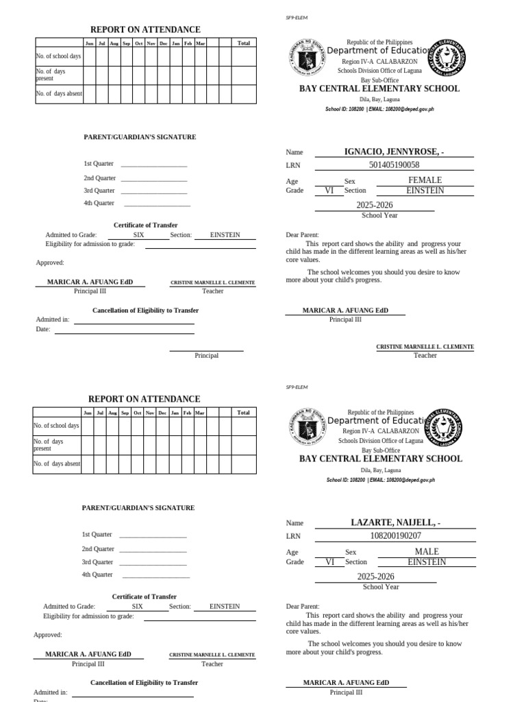 SF9-ELEM Attendance Report 2025-2026 | PDF | Learning | Philippines