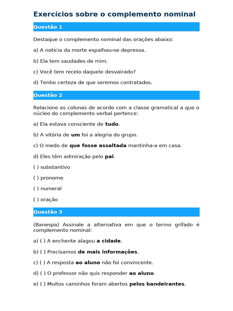 Exercícios sobre Complemento Nominal | PDF