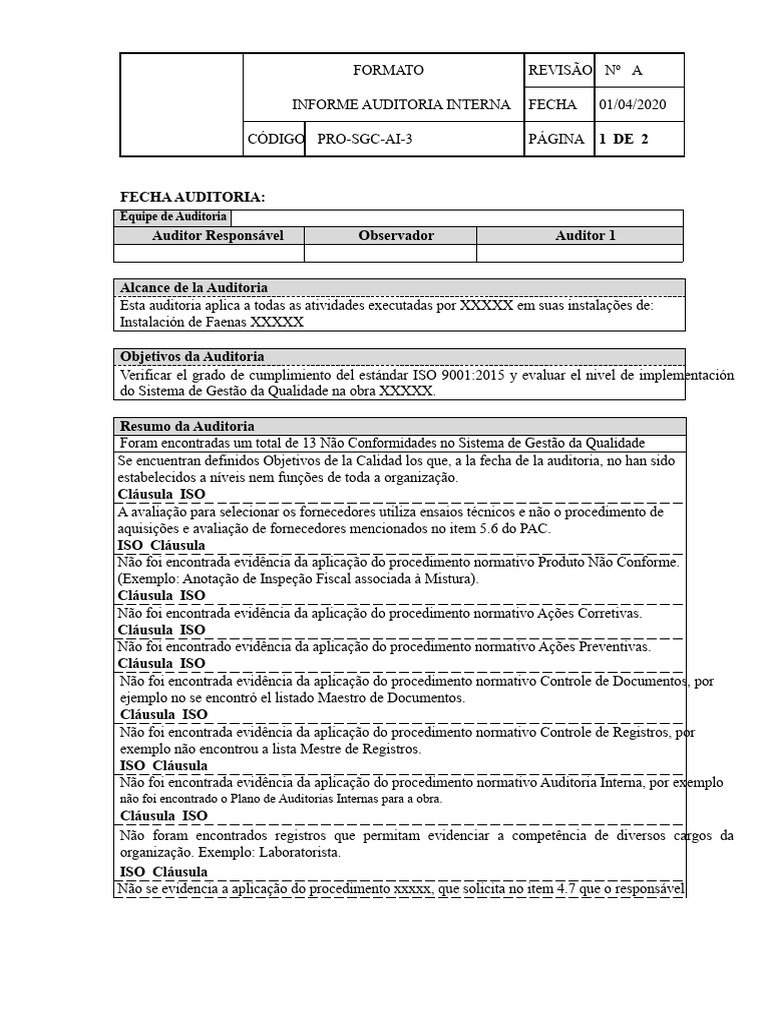 Auditoria Interna ISO 9001:2015 - Relatório | PDF | Auditoria interna ...