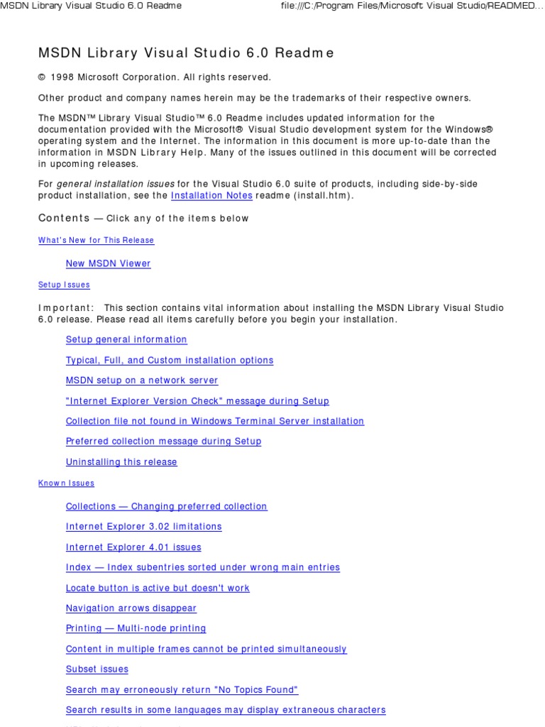 MSDN Library Visual Studio 6.0 Read Me PDF Microsoft Visual