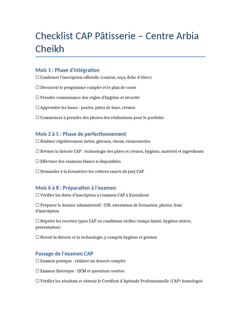 Checklist CAP Pâtisserie : Guide Complet | PDF
