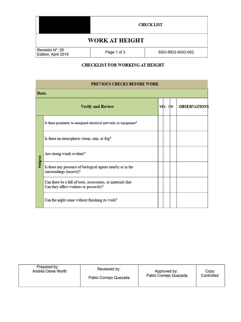 Work at Height Safety Checklist | PDF | Personal Protective Equipment ...