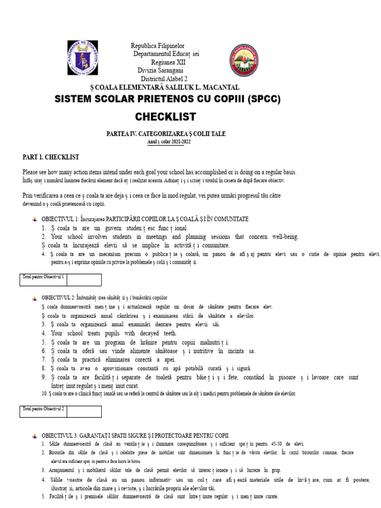 Sistem Școlar Prietenos Cu Copiii Cfss Lista de Verificare | PDF