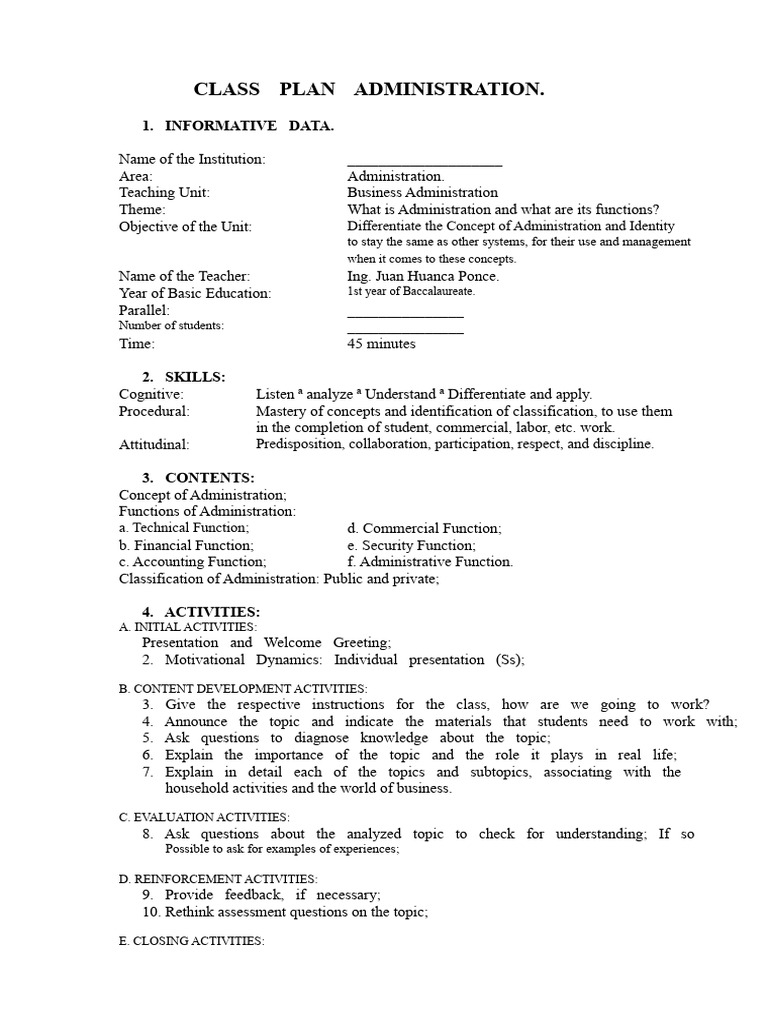 Class Plan of Administration | PDF | Human Communication | Behavior ...
