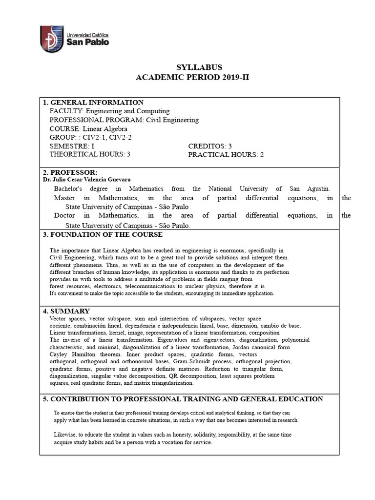 Linear Algebra Syllabus for Civil Engineering | PDF | Linear Map ...