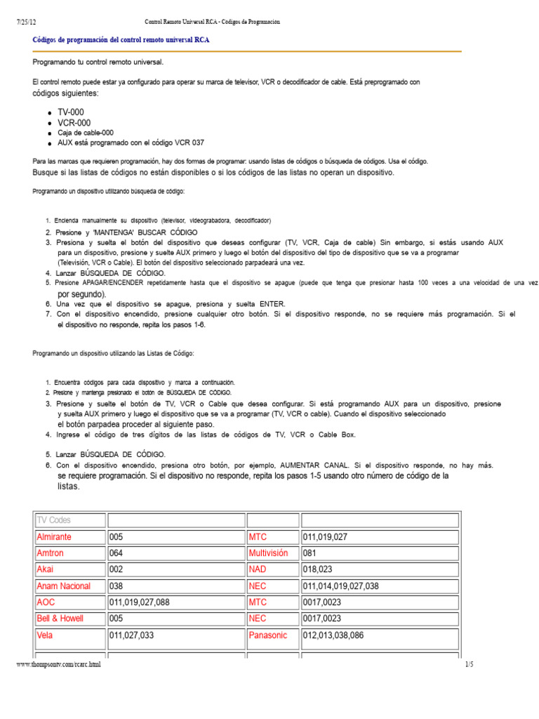 Códigos para Control Remoto RCA | PDF | Control remoto | Grabadora de vídeo