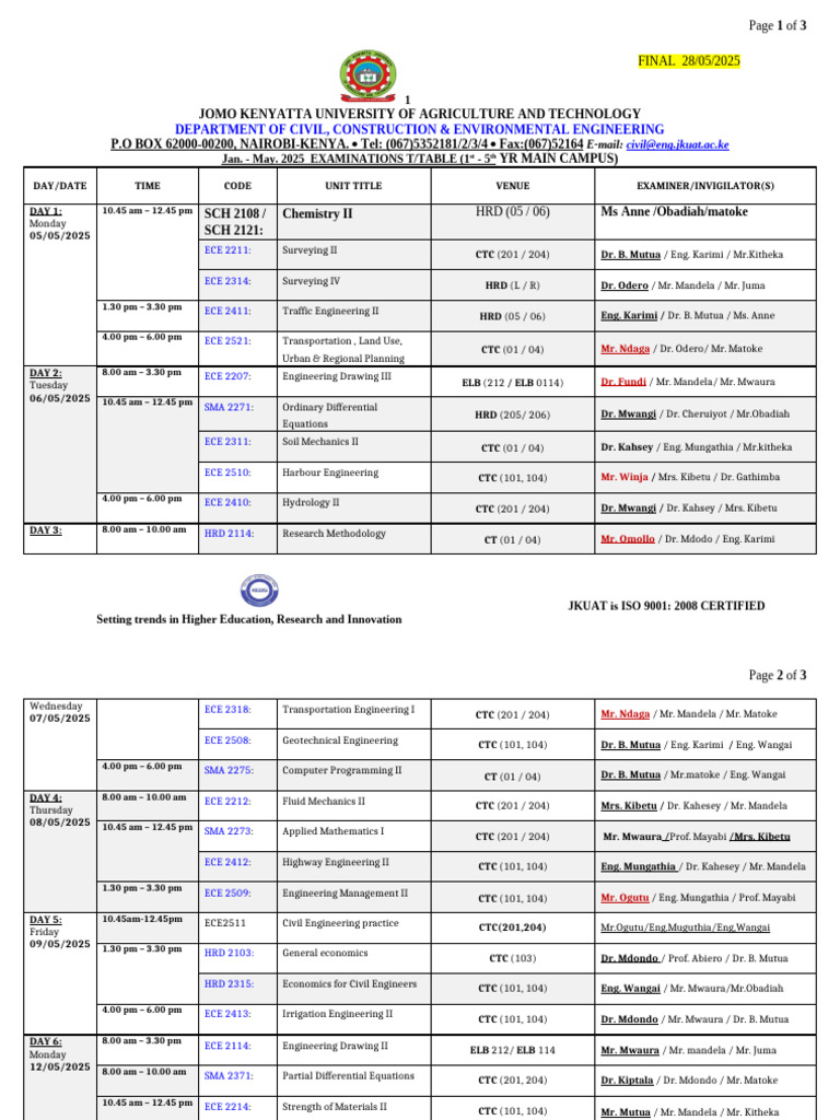 JKUAT Civil Engineering Exam Timetable 2025 | PDF | Engineering | Civil ...
