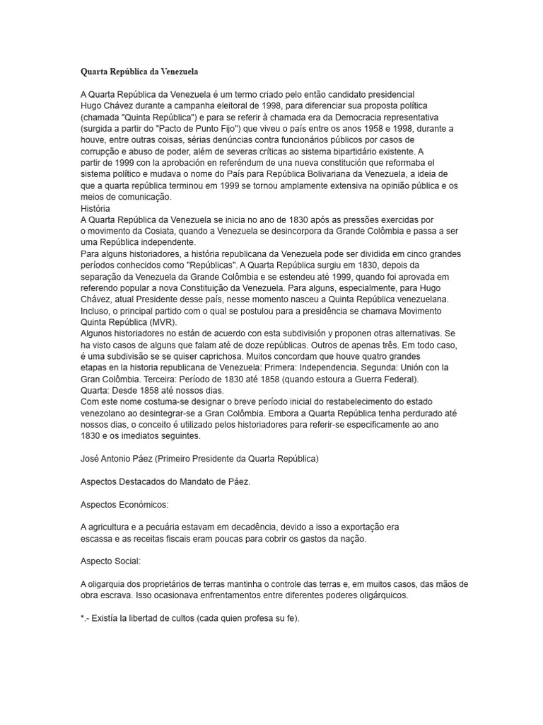 Quarta República da Venezuela: História e Crise | PDF | Venezuela ...