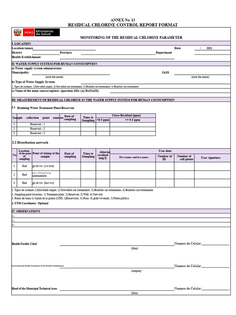 Residual Chlorine Control Report Template | PDF | Environmental Science ...