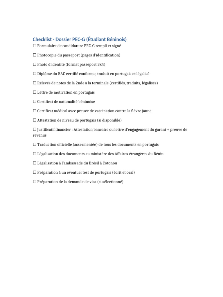 Checklist pour Dossier PEC-G Bénin | PDF