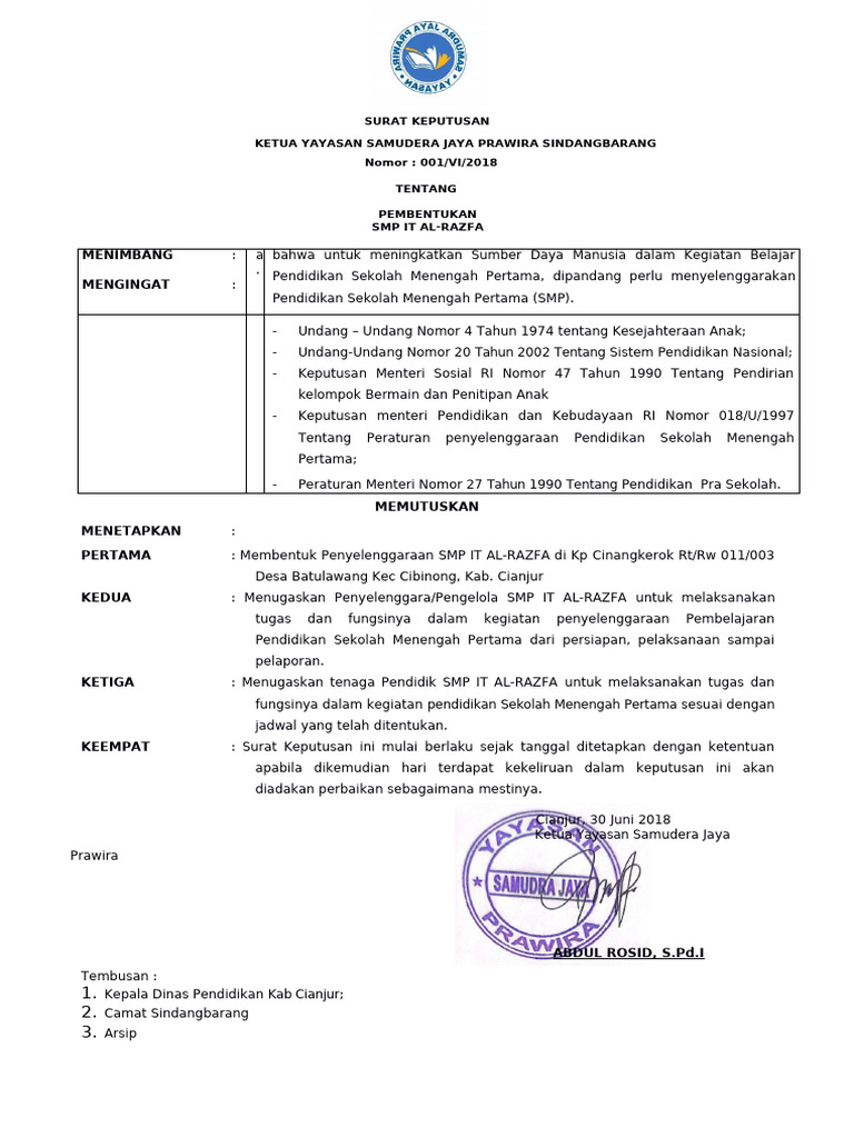 Pembentukan SMP IT Al-Razfa Cianjur | PDF