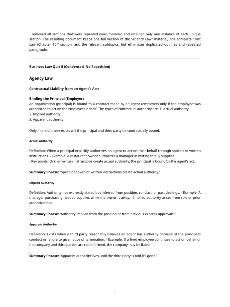 Business Law: Agency & Tort Law Summary | PDF | Law Of Agency | Legal ...