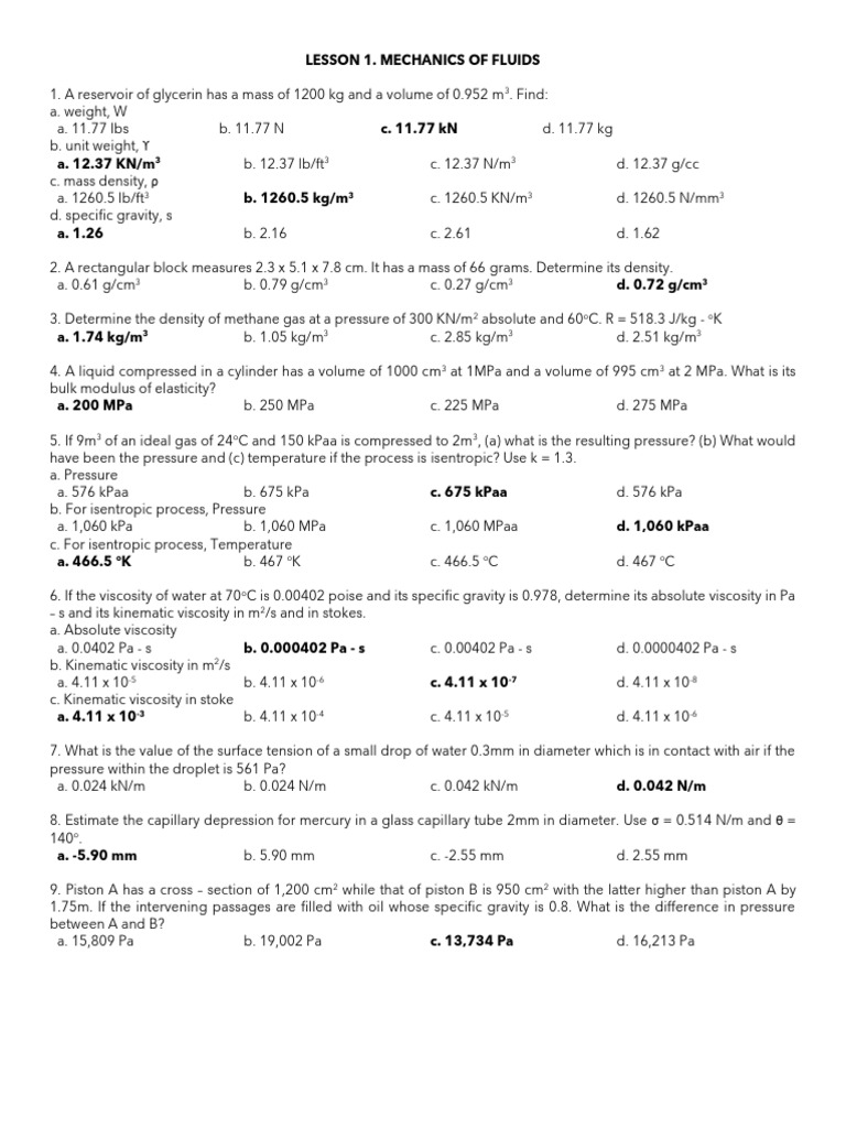 Fluid Mechanics Problems and Solutions | PDF | Density | Pressure