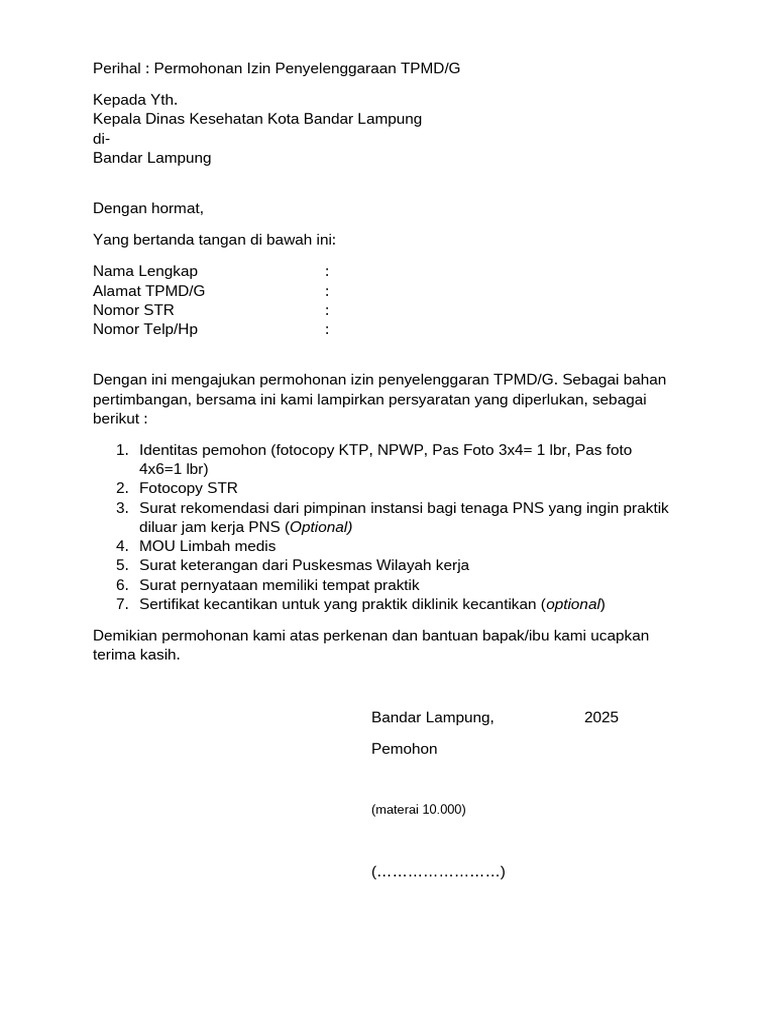 Permohonan Izin Penyelenggaraan TPMD/G | PDF