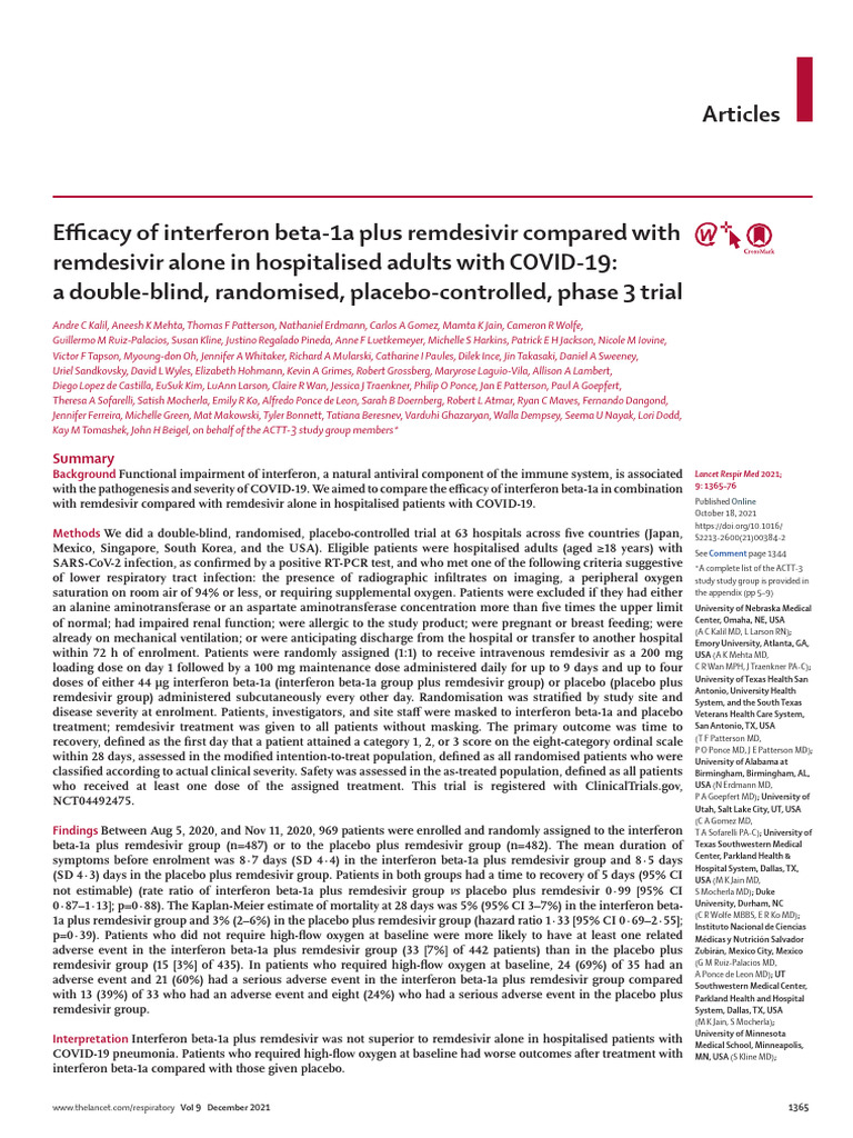 Interferon Beta-1a and Remdesivir in COVID-19 | PDF | Placebo | Medical ...