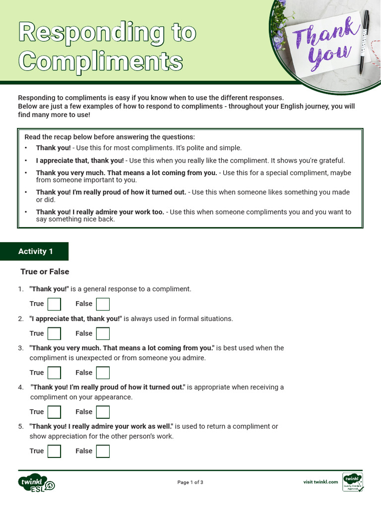 How to Respond to Compliments | PDF | English As A Second Or Foreign ...