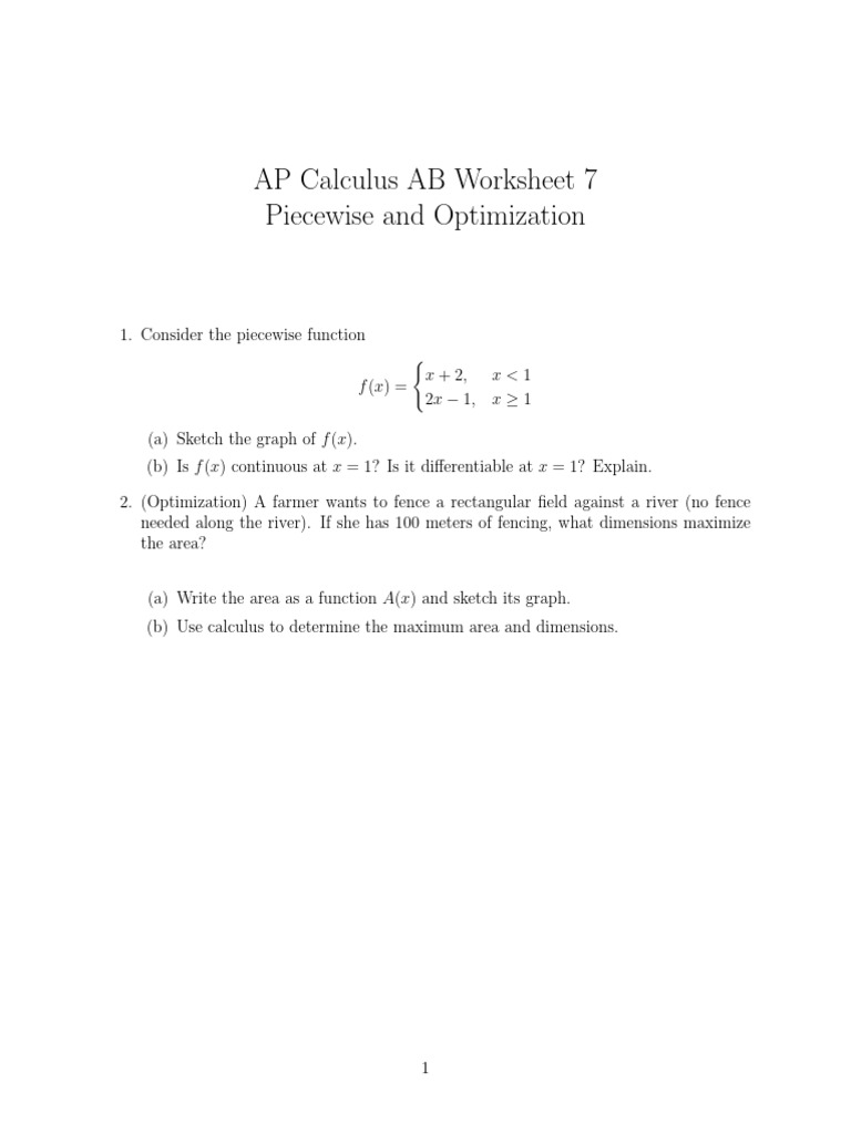 AP Calculus AB: Piecewise & Optimization | PDF