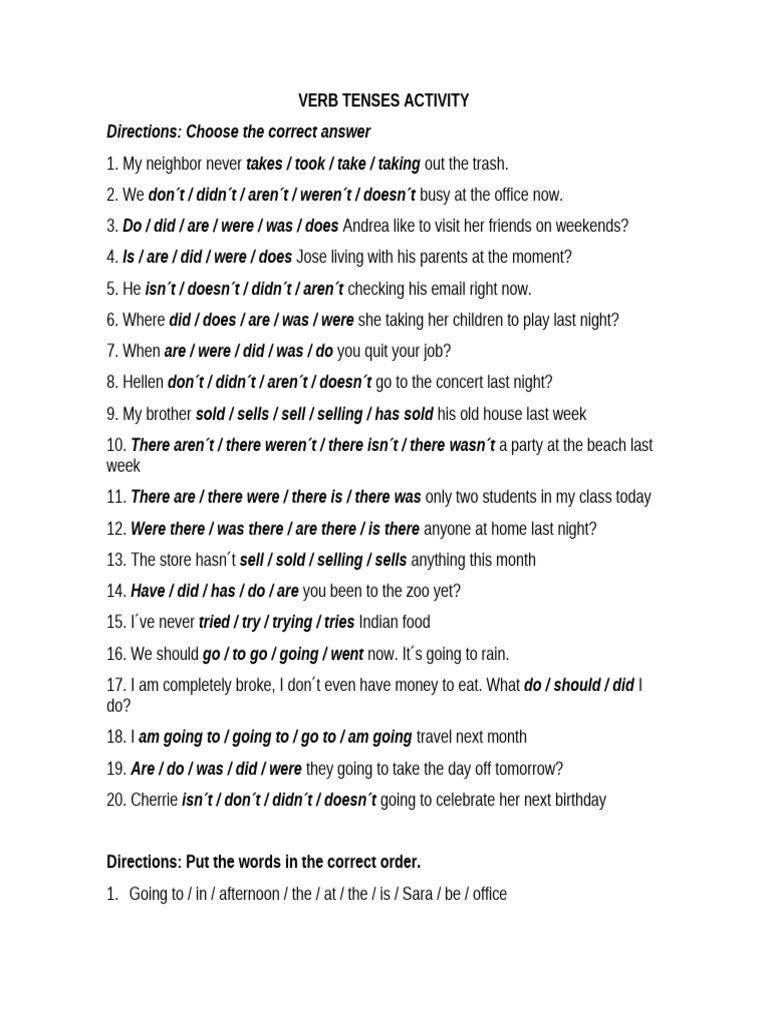 Verb Tenses Practice Activity | PDF | Chess | Chess Theory