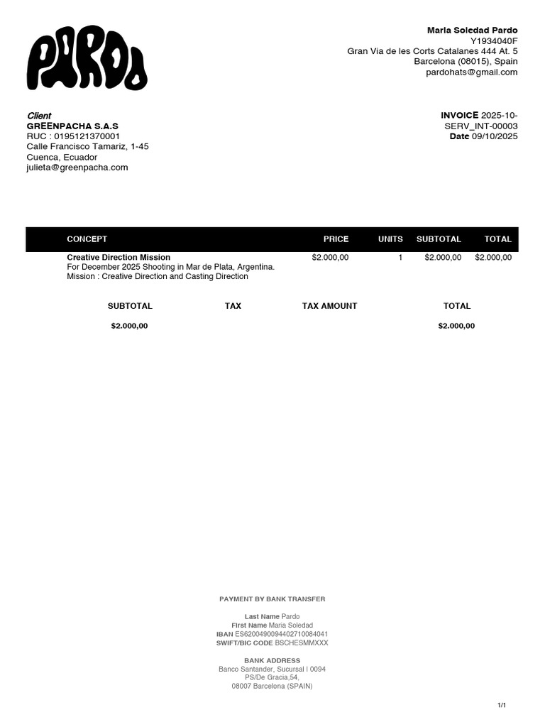 Invoice for Creative Direction Services | PDF