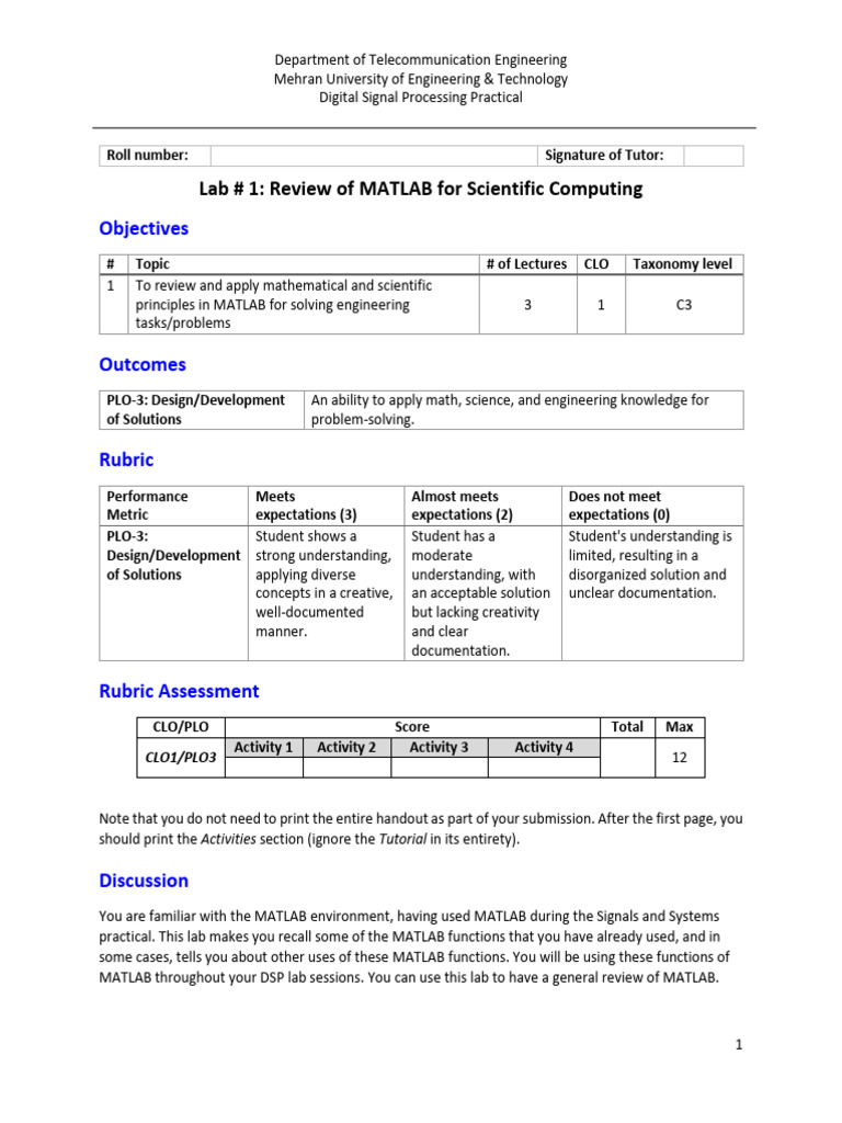 MATLAB Review for DSP Lab Activities | PDF | Matrix (Mathematics) | Matlab